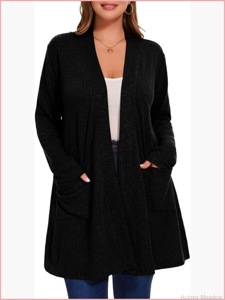 Plus Size Open Front Cardigan Lightweight Long Sleeve With Pockets